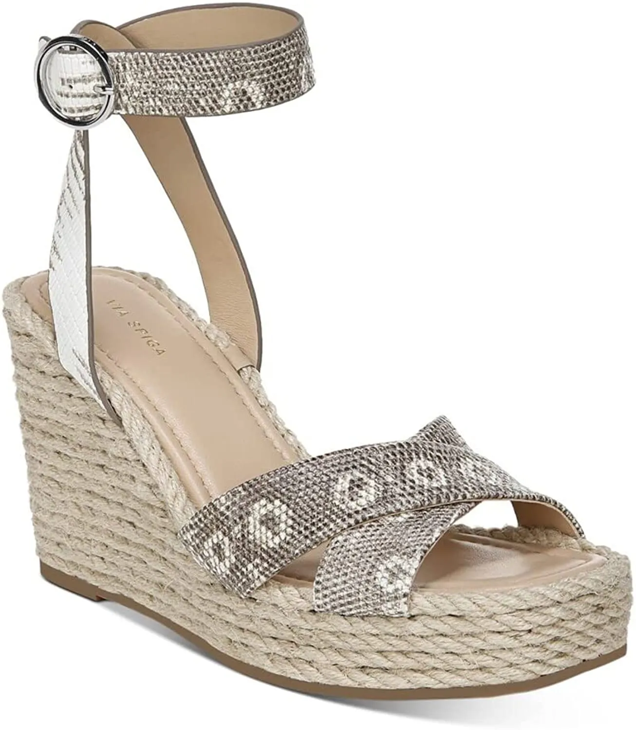 VIA SPIGA Womens Blanc Green Ring Lizard Skin Adjustable Strap Cushioned Sesilia Square Toe Wedge Buckle Leather Espadrille Shoes 8.5 M
