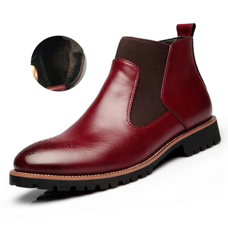 Warm Plush/Fall Single Chelsea Boots,Men's British Style Ankle Boots,Bullock Carved Leather With Fur Casual Shoes MRCCS