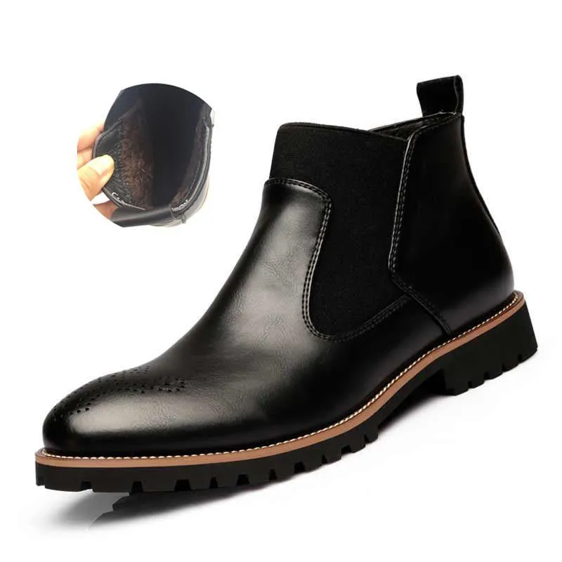 Warm Plush/Fall Single Chelsea Boots,Men's British Style Ankle Boots,Bullock Carved Leather With Fur Casual Shoes MRCCS