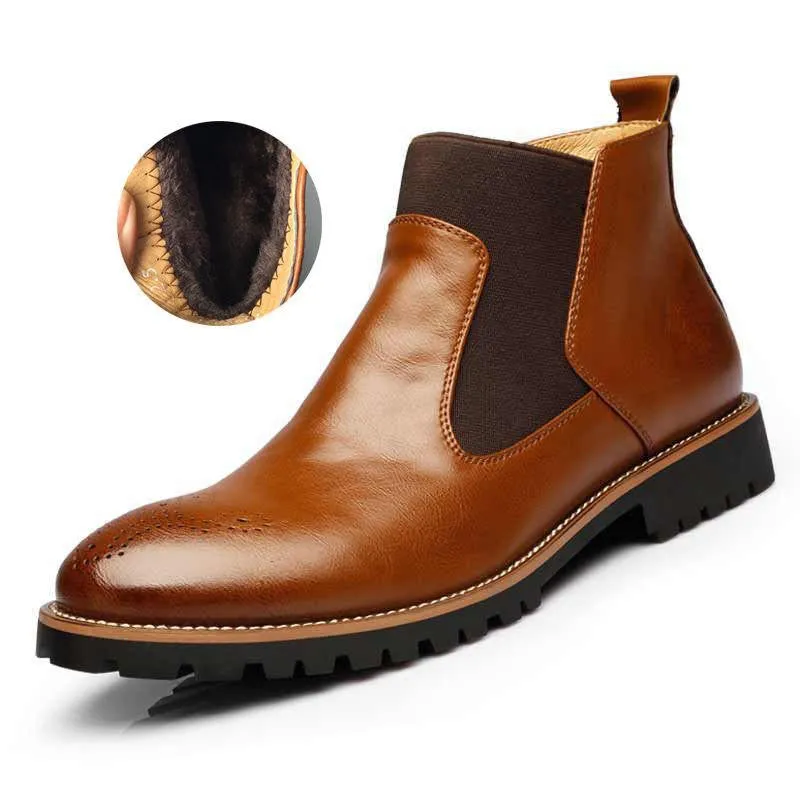 Warm Plush/Fall Single Chelsea Boots,Men's British Style Ankle Boots,Bullock Carved Leather With Fur Casual Shoes MRCCS