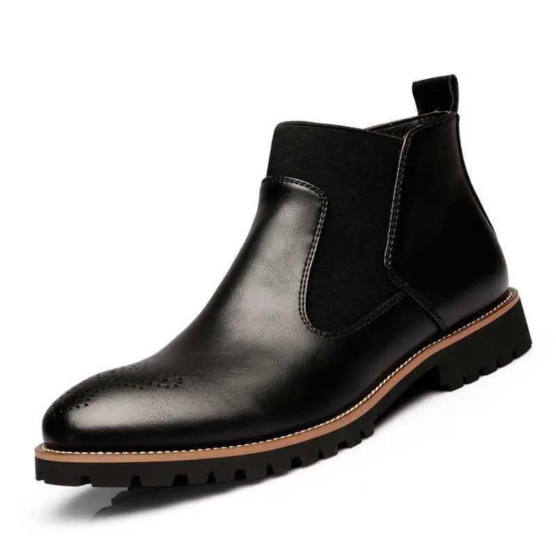 Warm Plush/Fall Single Chelsea Boots,Men's British Style Ankle Boots,Bullock Carved Leather With Fur Casual Shoes MRCCS