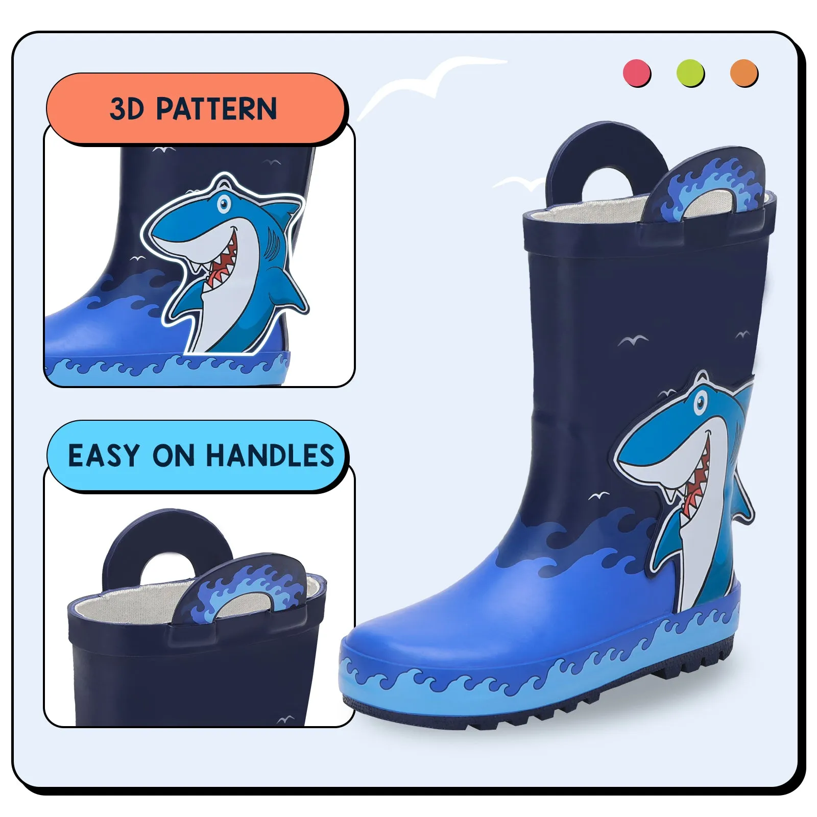 Wave Shark Toddler Kids Rubber Rain Boots