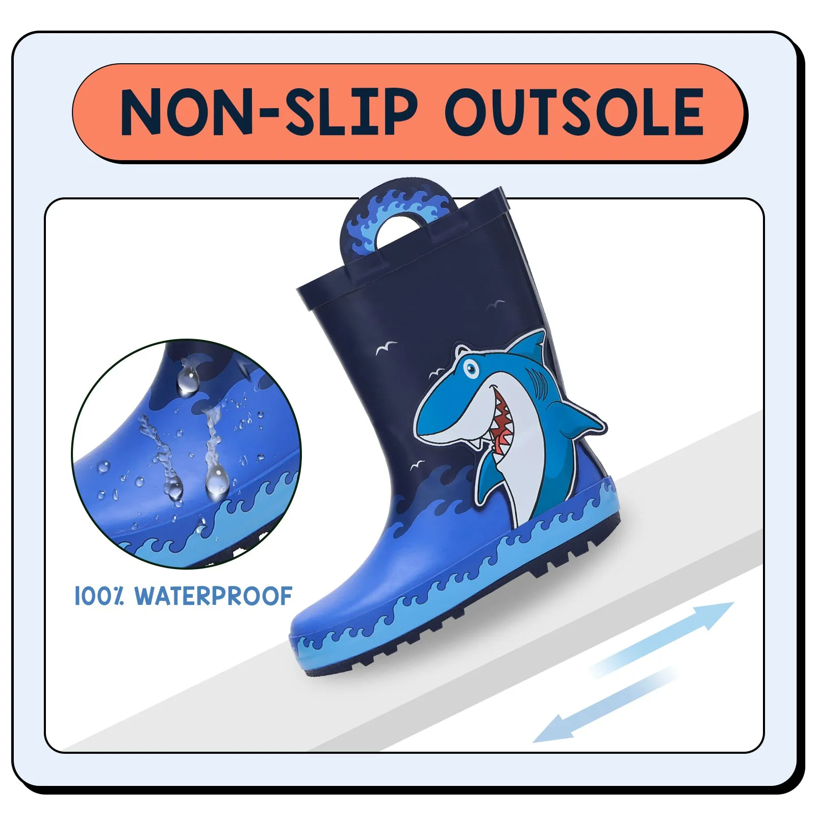 Wave Shark Toddler Kids Rubber Rain Boots