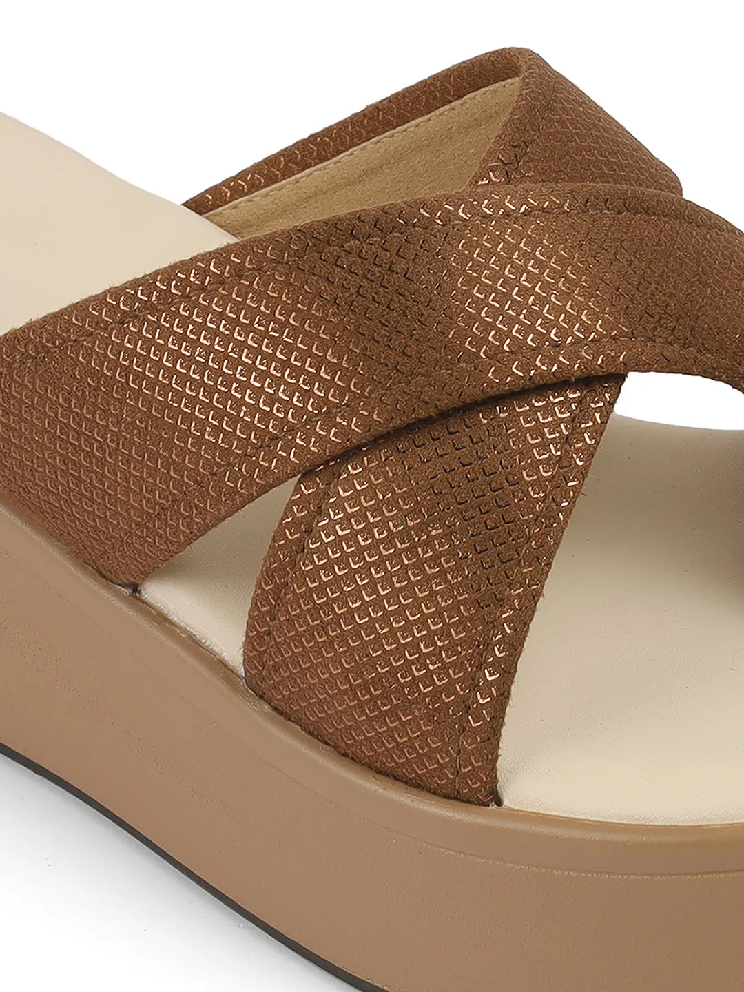 Women Beige Casual Cross Strap Round Toe Comfort