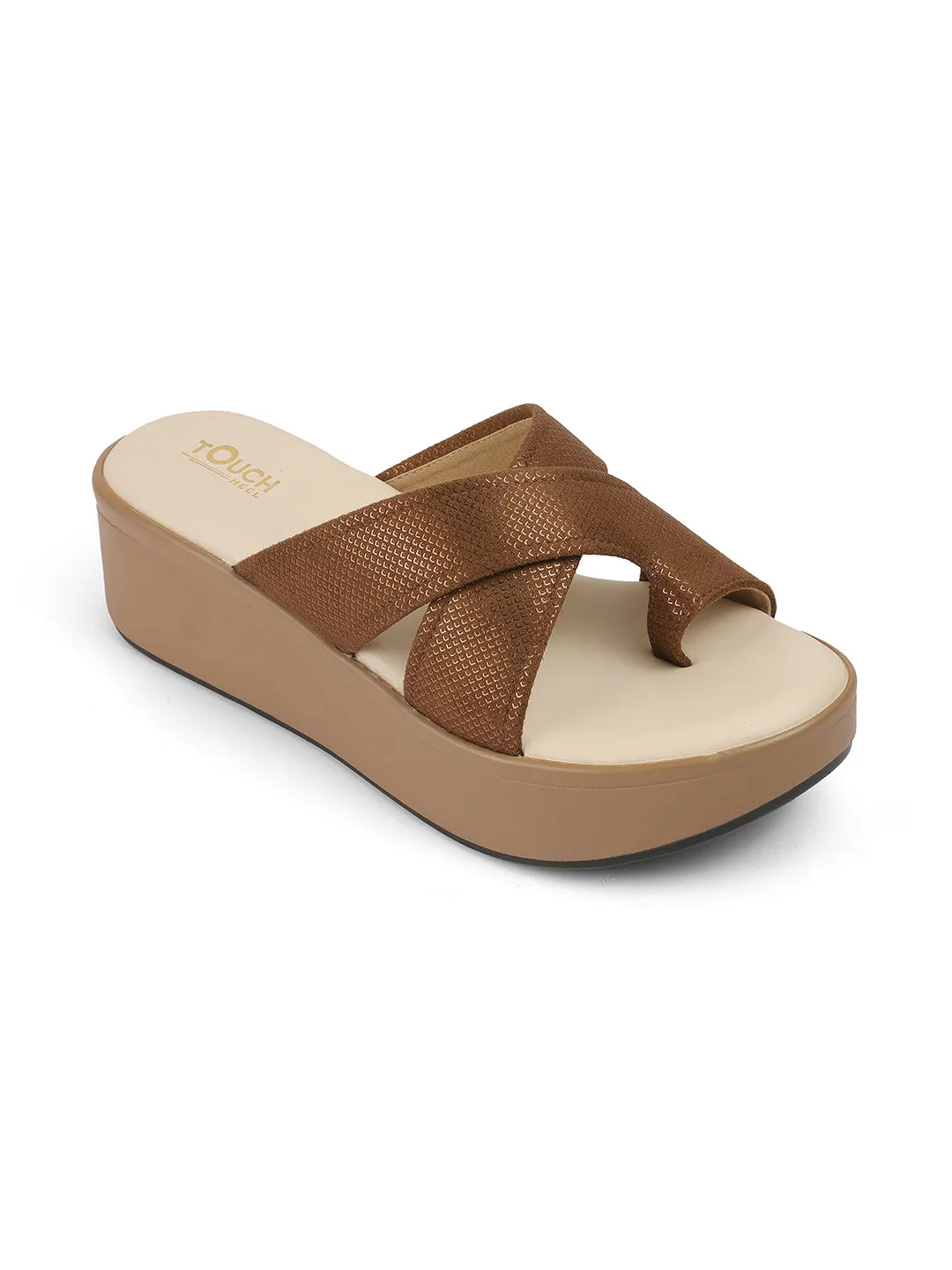 Women Beige Casual Cross Strap Round Toe Comfort
