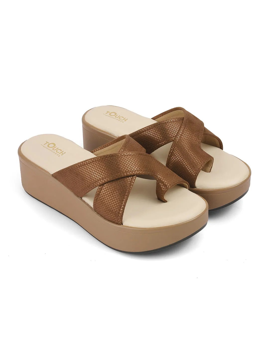 Women Beige Casual Cross Strap Round Toe Comfort