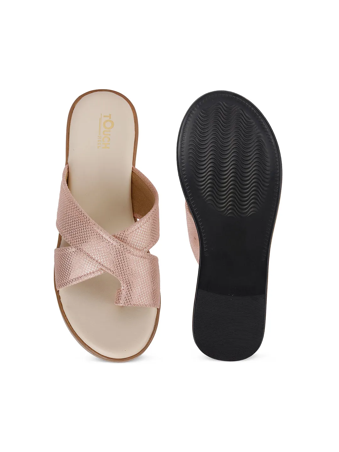 Women Beige Casual Cross Strap Round Toe Comfort