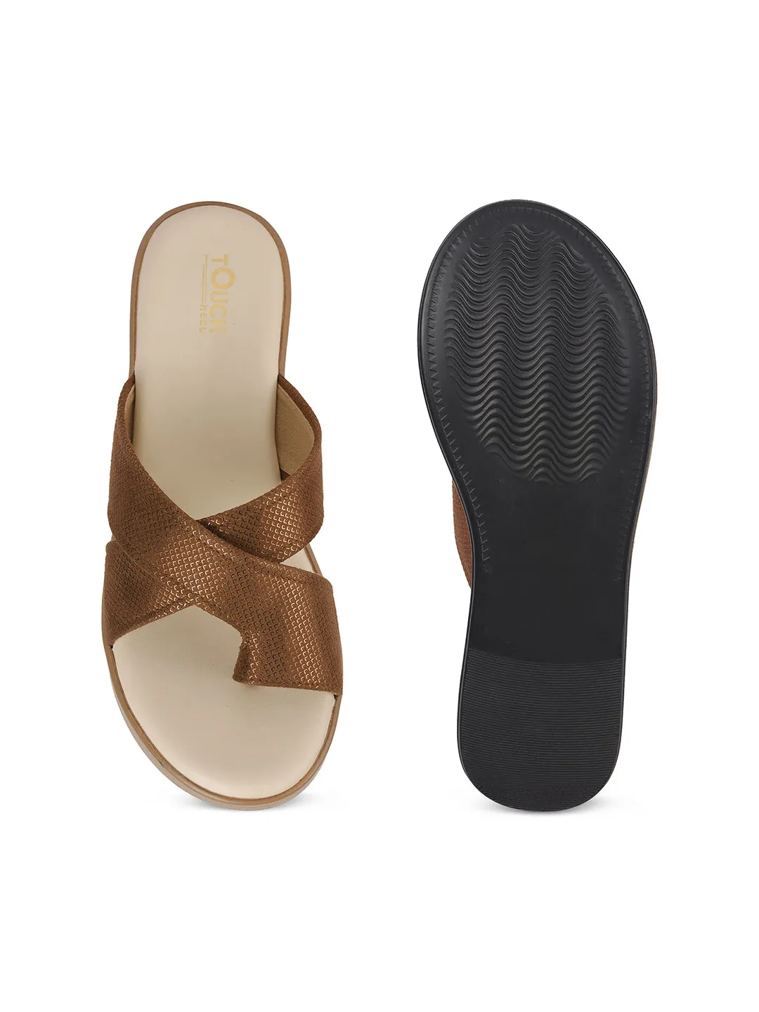 Women Beige Casual Cross Strap Round Toe Comfort