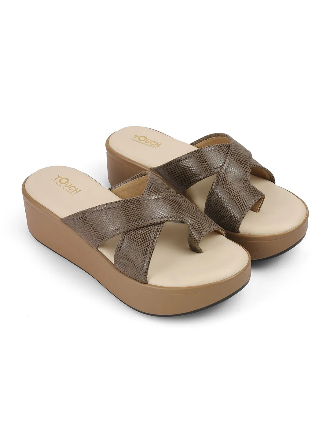 Women Beige Casual Cross Strap Round Toe Comfort