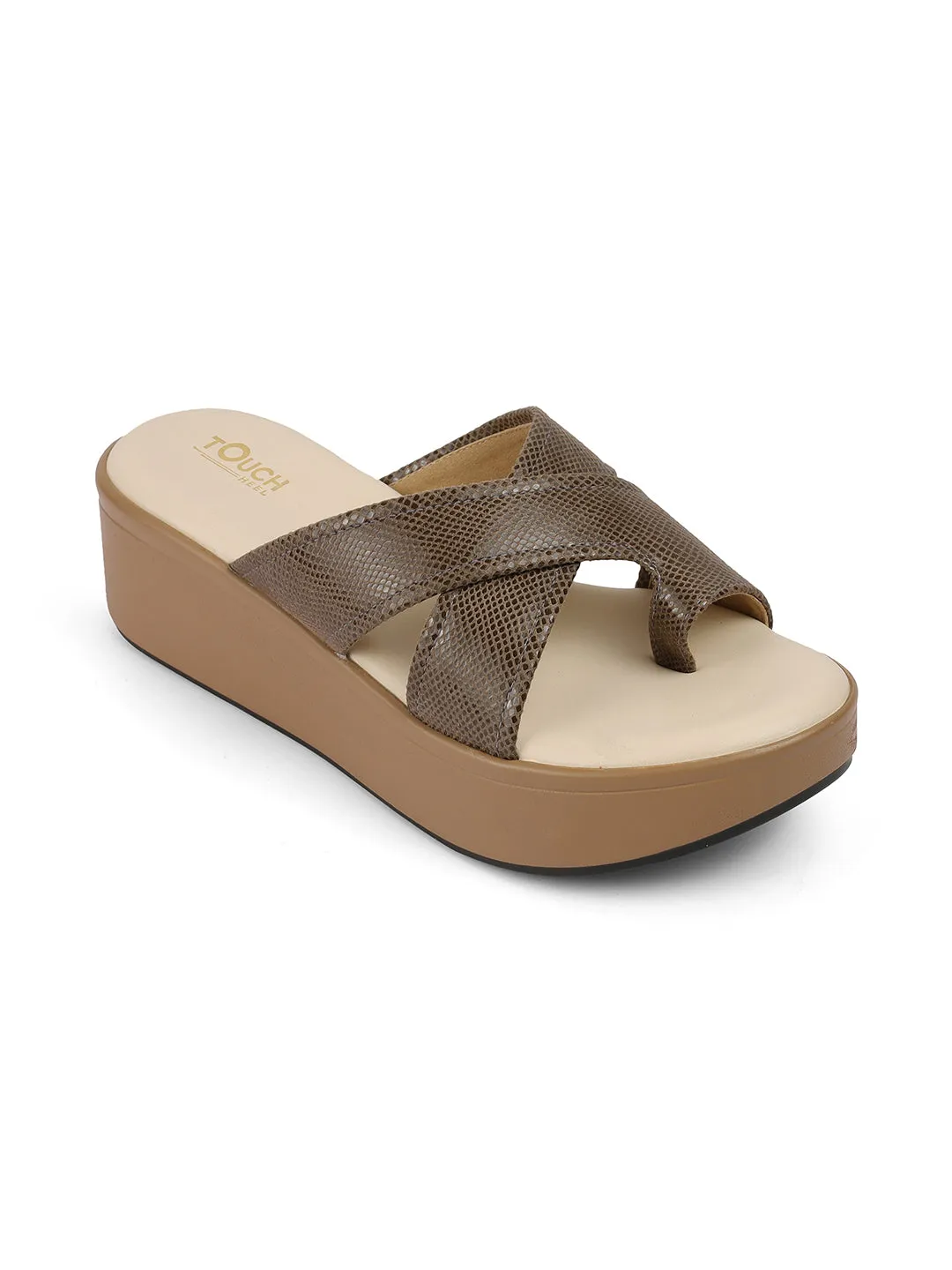 Women Beige Casual Cross Strap Round Toe Comfort