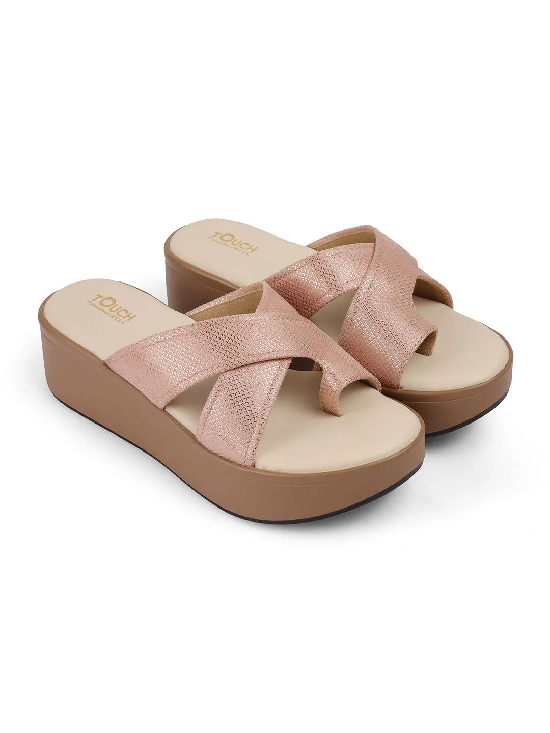 Women Beige Casual Cross Strap Round Toe Comfort