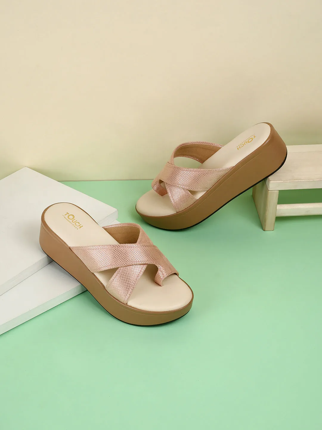 Women Beige Casual Cross Strap Round Toe Comfort