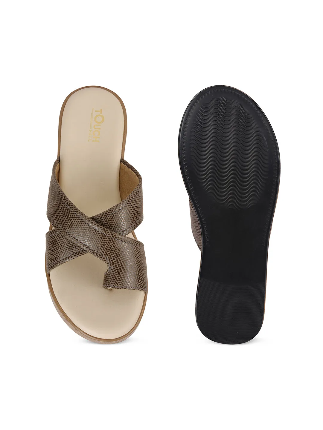 Women Beige Casual Cross Strap Round Toe Comfort