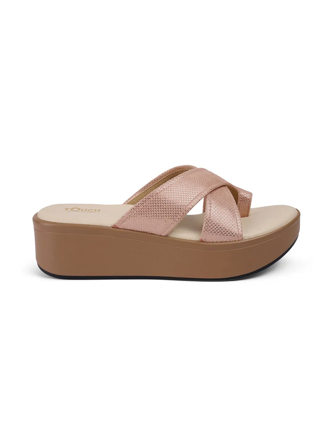 Women Beige Casual Cross Strap Round Toe Comfort