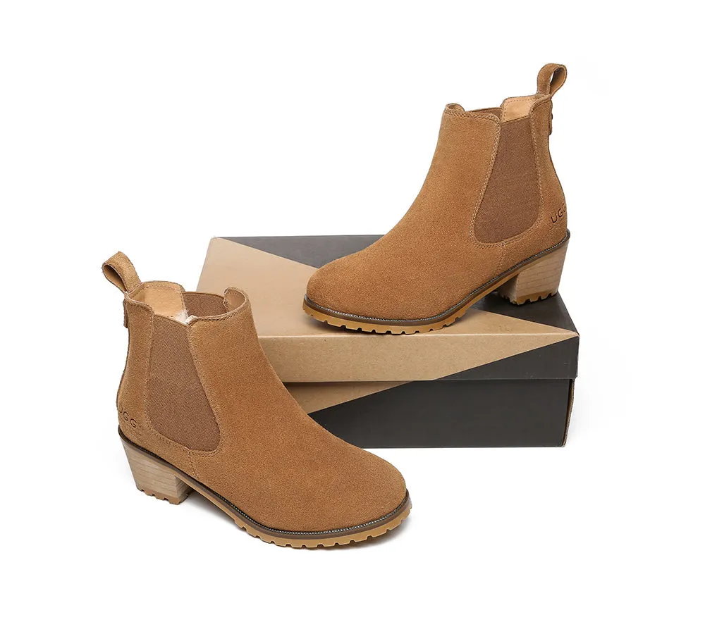 Women Heels Sheepskin Wool Block Heel Boots Sylvia